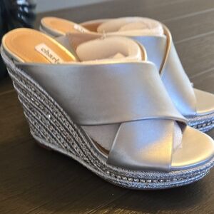 Charles David Silver Metallic Criss Cross Rhinestone Wedge Classic Espadrille.